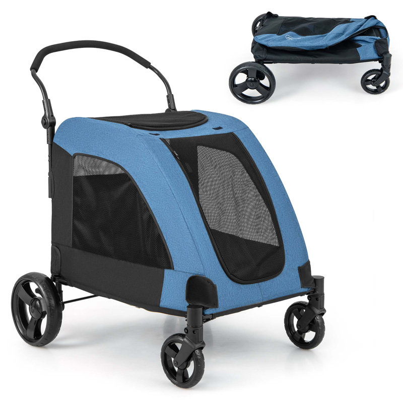 Costway Extra Large Dog Stroller with Dual Entry Safety Belt Adjustable Handle 4 Wheels Blue